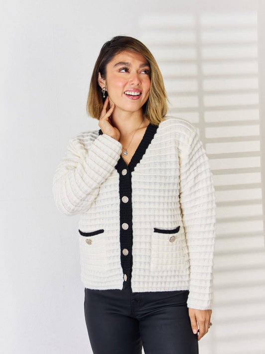 Contrast Trim Button Up Cardigan - Trendsi