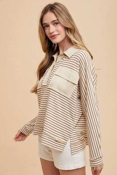 Annie Wear Striped Button Detail Long Sleeve Polo Top - Trendsi - Flyclothing LLC