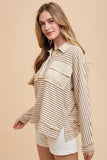 Annie Wear Striped Button Detail Long Sleeve Polo Top - Trendsi