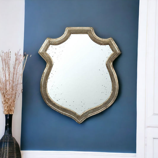 24" Distressed Metallic Crest Shape Wall Mounted Accent Mirror Framed - Homeroots