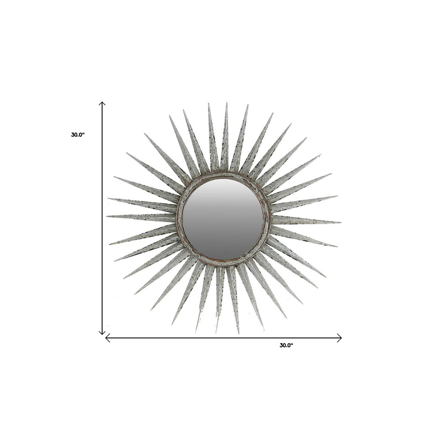 30" Antiqued Silver Gray Sunburst Wall Mounted Accent Mirror - Homeroots - Flyclothing LLC
