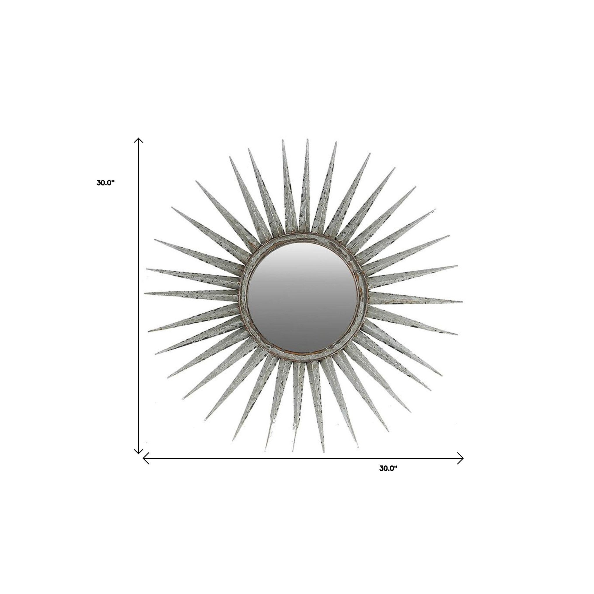 30" Antiqued Silver Gray Sunburst Wall Mounted Accent Mirror - Homeroots - Flyclothing LLC