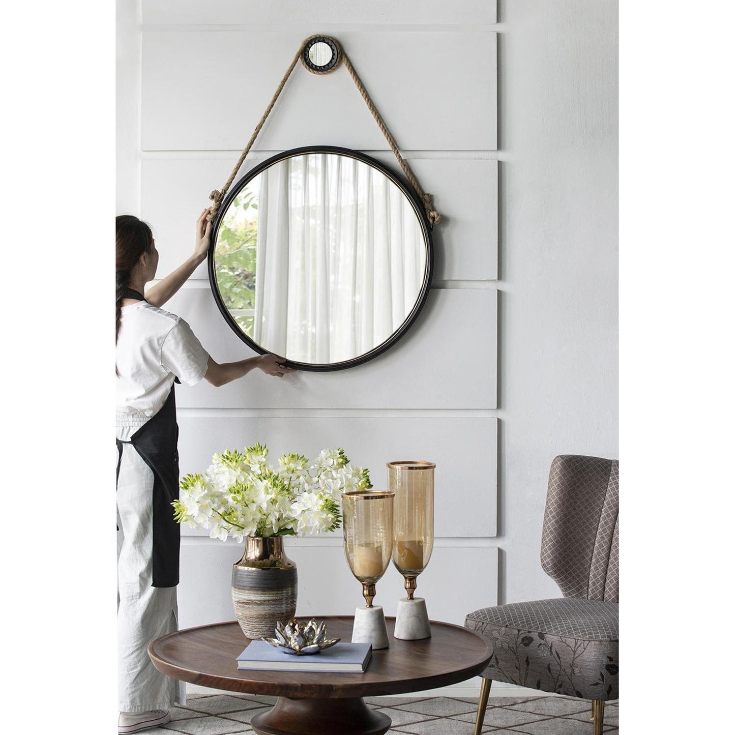 30" Black Fame Round Wall Hanging Accent Mirror with Rope - Homeroots - Flyclothing LLC