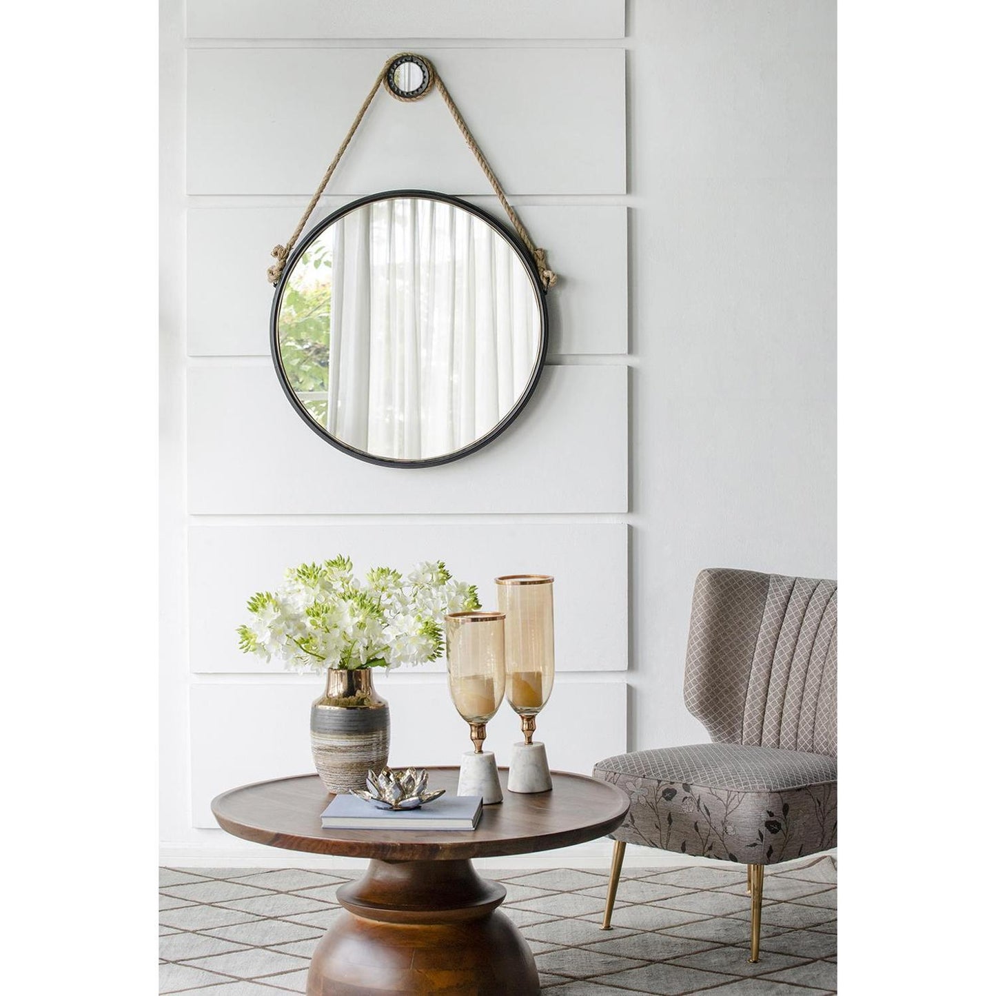 30" Black Fame Round Wall Hanging Accent Mirror with Rope - Homeroots - Flyclothing LLC