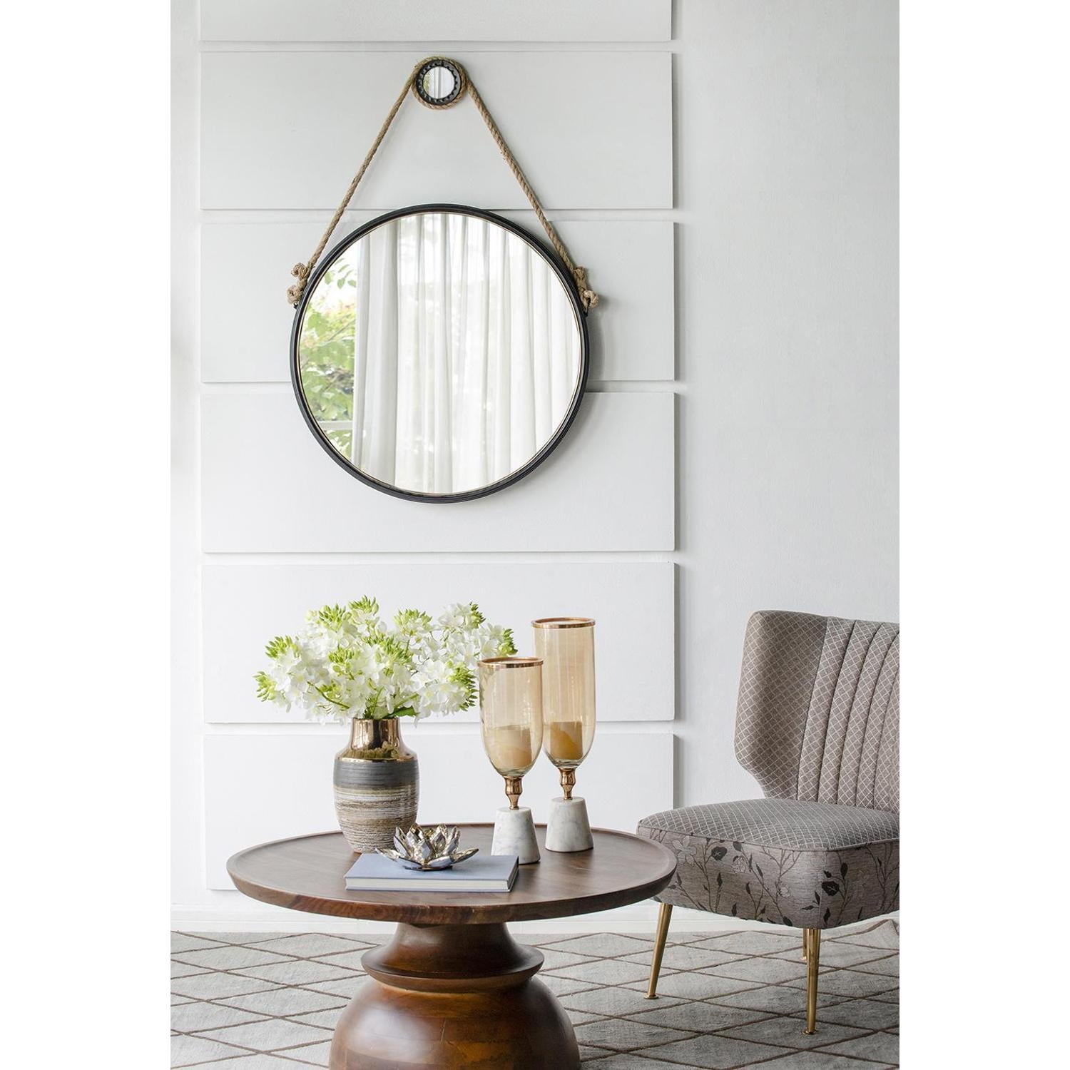 30" Black Fame Round Wall Hanging Accent Mirror with Rope - Homeroots - Flyclothing LLC