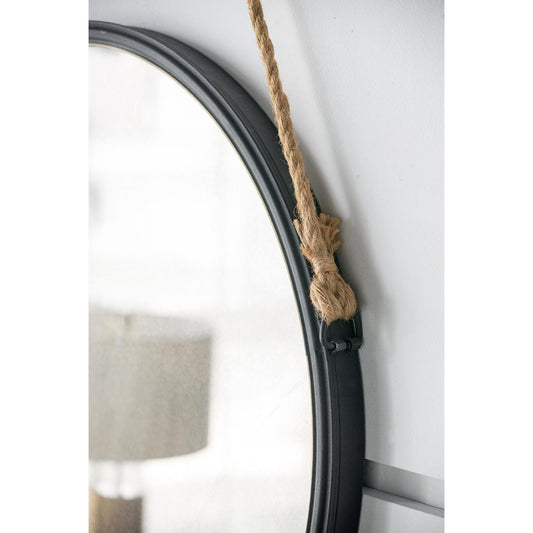 30" Black Fame Round Wall Hanging Accent Mirror with Rope - Homeroots