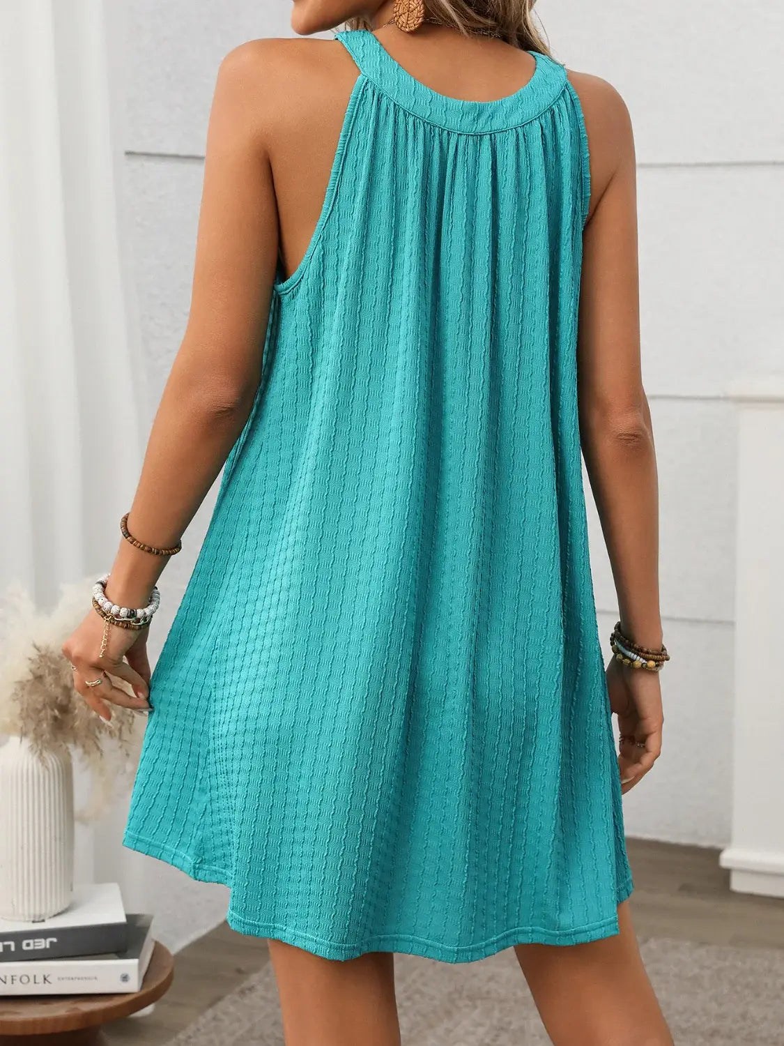 Textured Grecian Neck Mini Dress - Trendsi - Flyclothing LLC