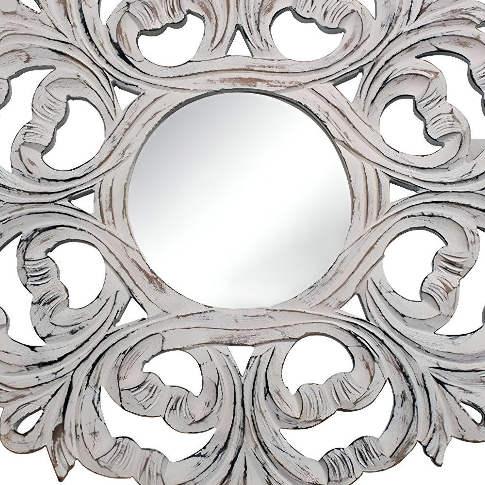 24" White Floral Scrollwork Distressed Round Framed Accent Mirror - Homeroots - Flyclothing LLC