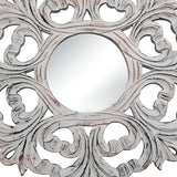 24" White Floral Scrollwork Distressed Round Framed Accent Mirror - Homeroots
