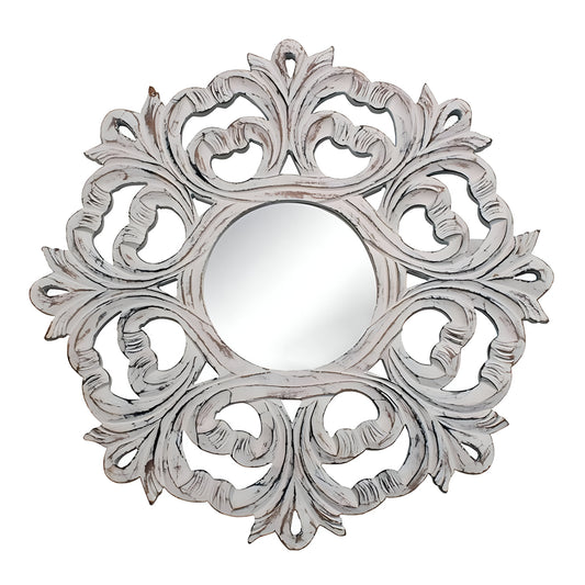 24" White Floral Scrollwork Distressed Round Framed Accent Mirror