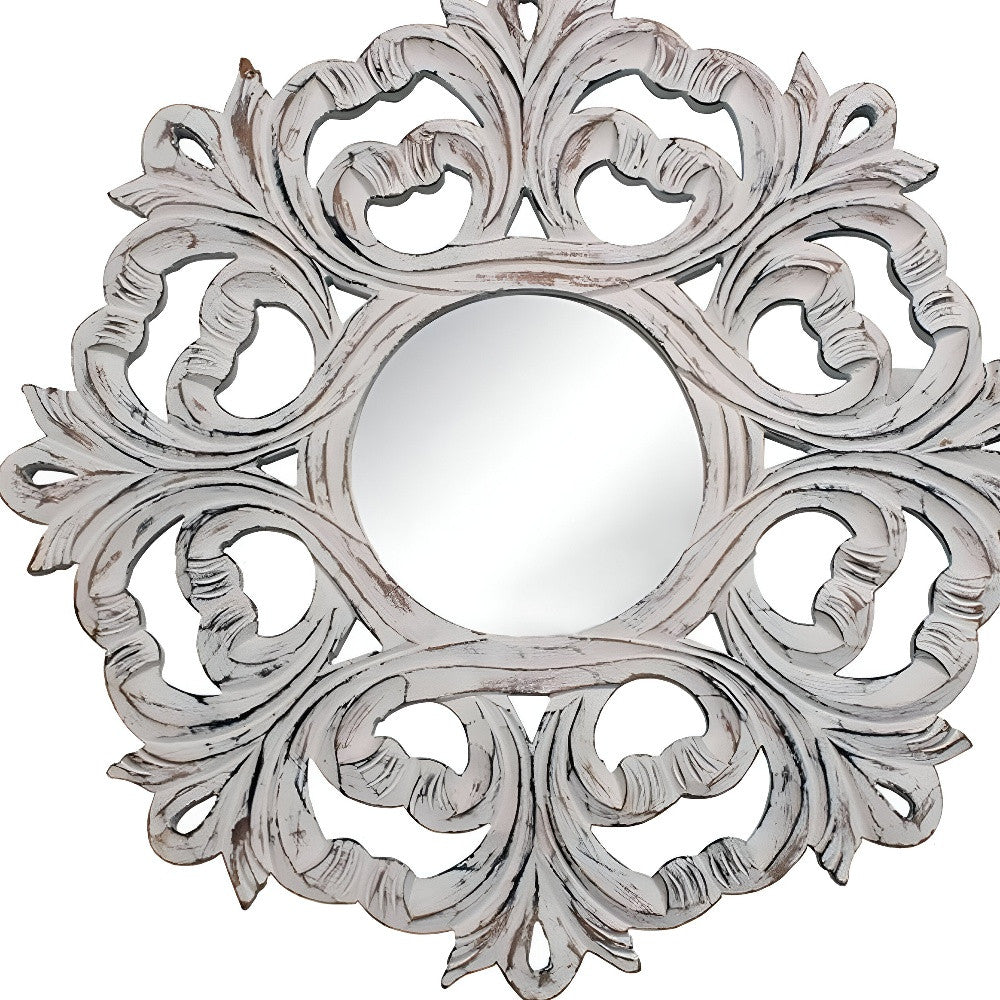24" White Floral Scrollwork Distressed Round Framed Accent Mirror - Homeroots - Flyclothing LLC