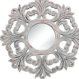 24" White Floral Scrollwork Distressed Round Framed Accent Mirror - Homeroots