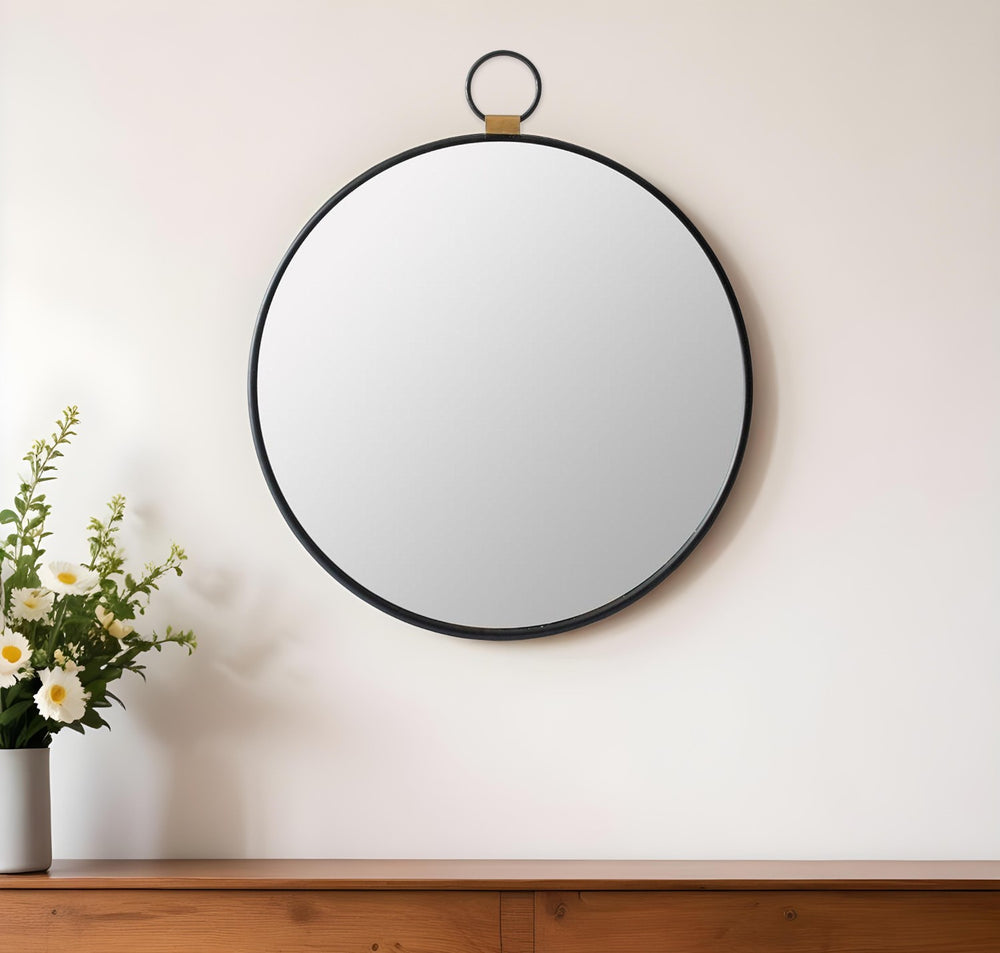 28" Black Round Iron Framed Accent Mirror