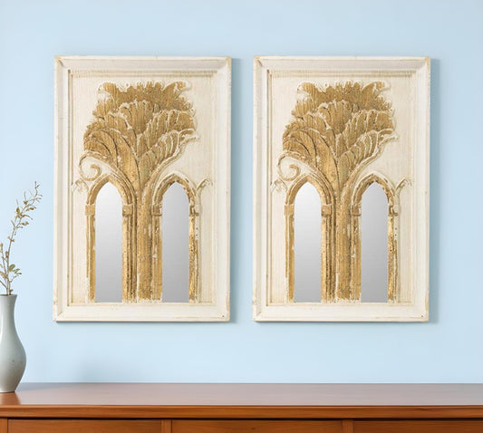 Set of Two 30" White and Gold Wood Framed Accent Mirrors