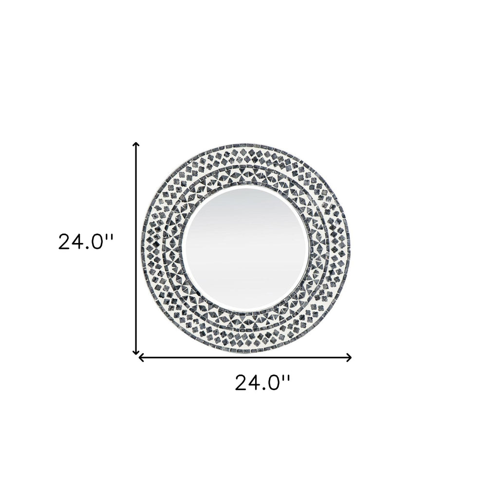 24" Black and White Round Manufactured Wood and Shell Framed Accent Mirror - Homeroots - Flyclothing LLC