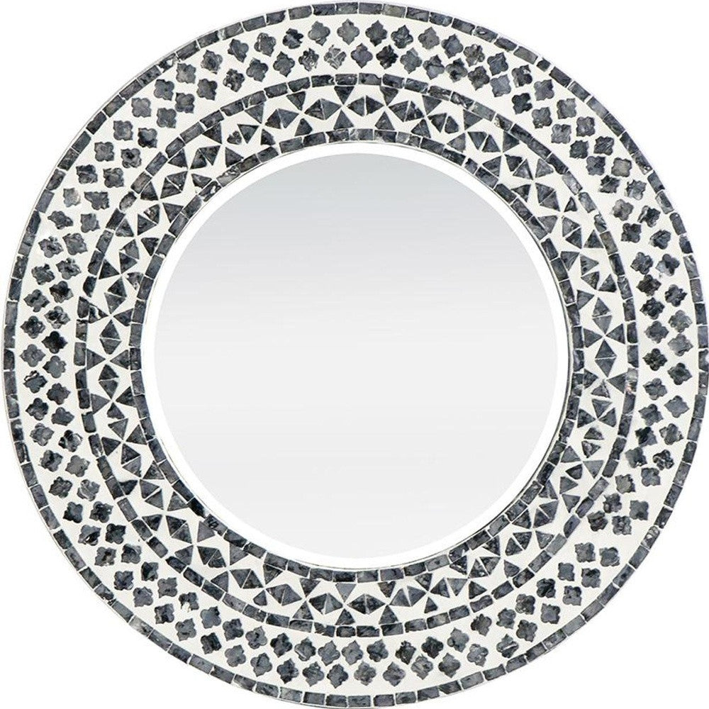 24" Black and White Round Manufactured Wood and Shell Framed Accent Mirror - Homeroots - Flyclothing LLC