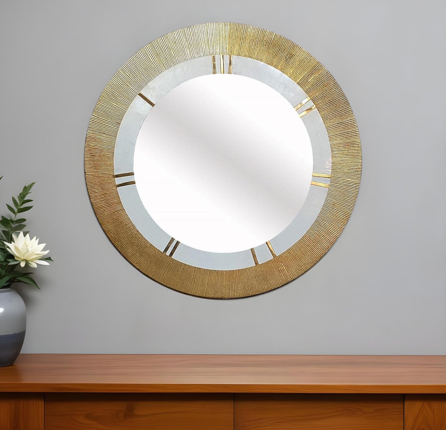 36" Gold and White Round Aluminum Ribbed Edge Framed Accent Mirror - Homeroots - Flyclothing LLC