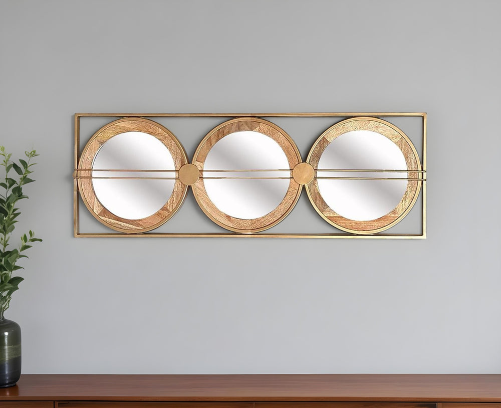 14" Brown and Gold Aluminum and Wood Geometric Framed Accent Mirror - Homeroots