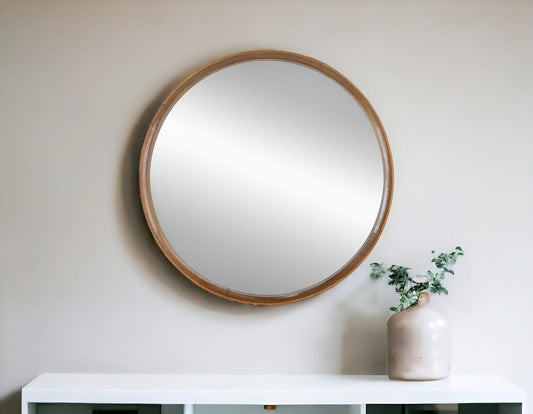 32" Brown Round Framed Accent Mirror - Homeroots