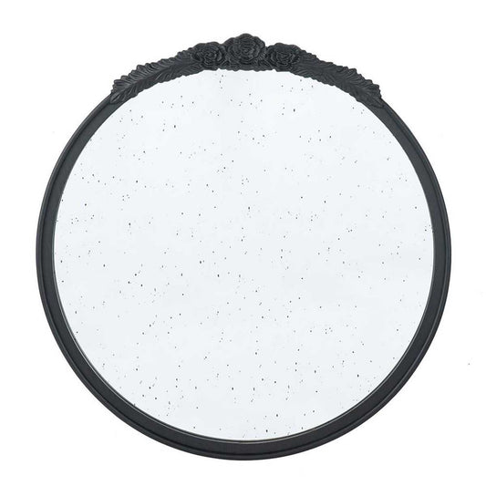 30" Black Crowned Top Antiqued Glass Round Framed Accent Mirror