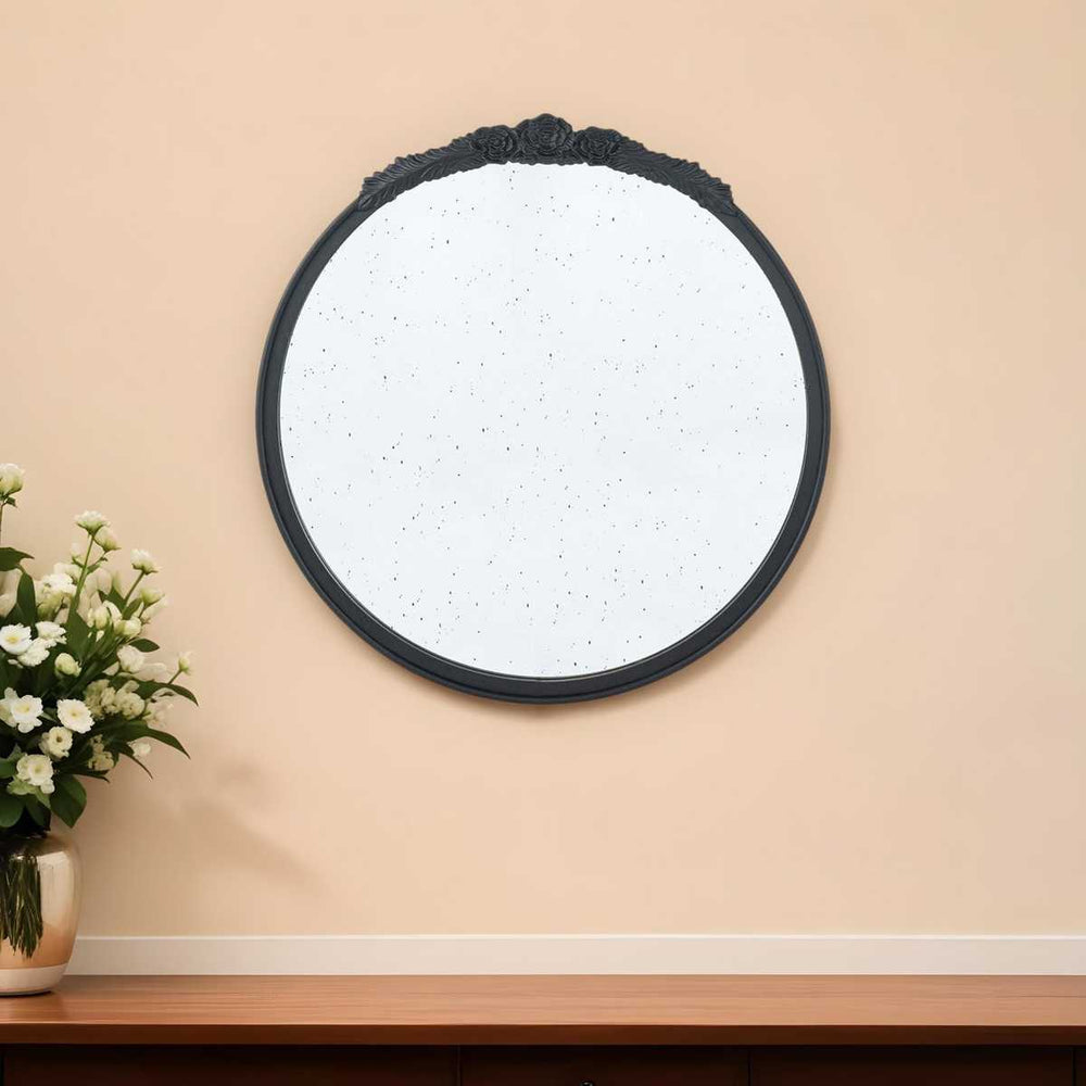 30" Black Crowned Top Antiqued Glass Round Framed Accent Mirror - Homeroots