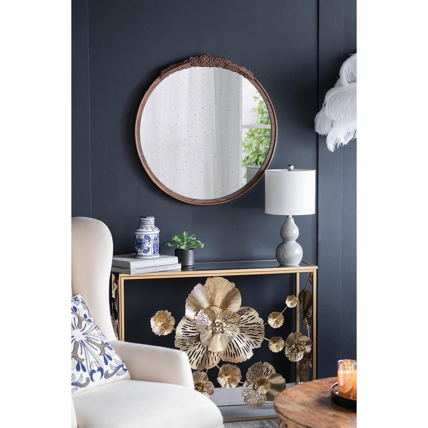 30" Brown Crowned Top Antiqued Glass Framed Accent Mirror - Homeroots - Flyclothing LLC