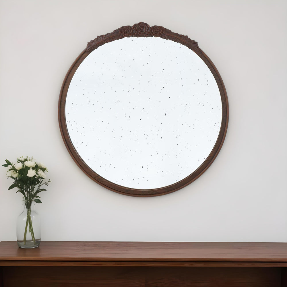 30" Brown Crowned Top Antiqued Glass Framed Accent Mirror - Homeroots
