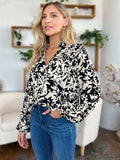 Double Take Full Size Printed Ruffle Trim Balloon Sleeve Shirt - Trendsi - Flyclothing LLC