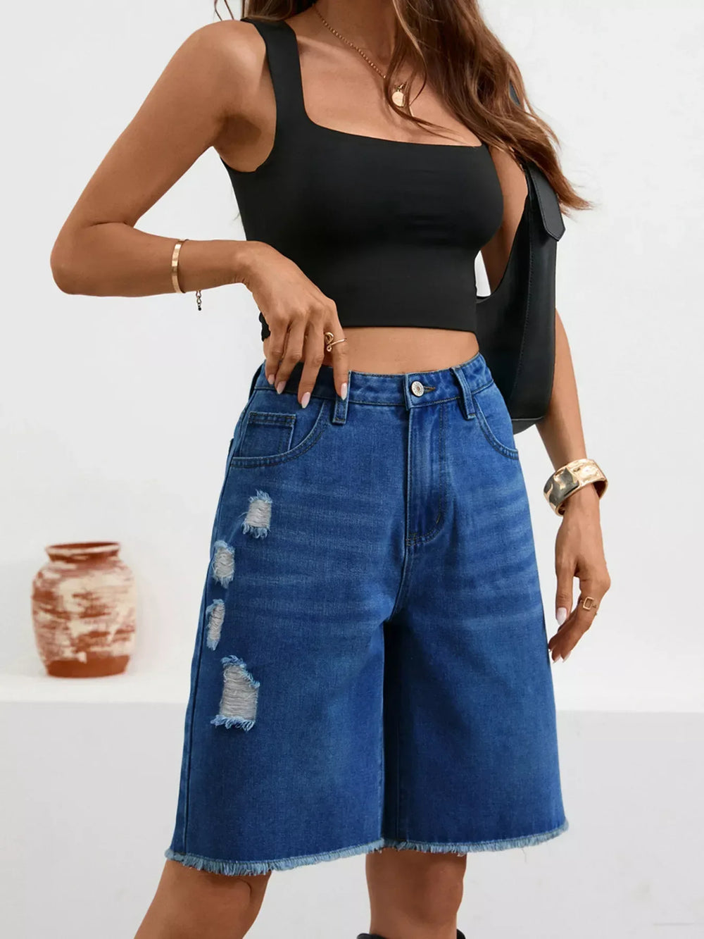 Ripped Frayed Hem Denim Shorts - Trendsi - Flyclothing LLC