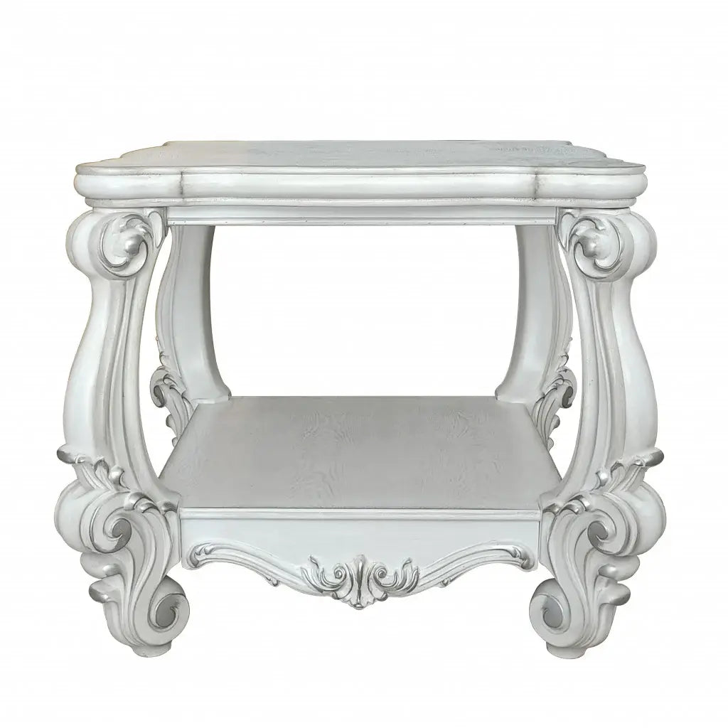 26" Antiqued White Manufactured Wood Square Scroll End Table With Shelf - Homeroots - Flyclothing LLC