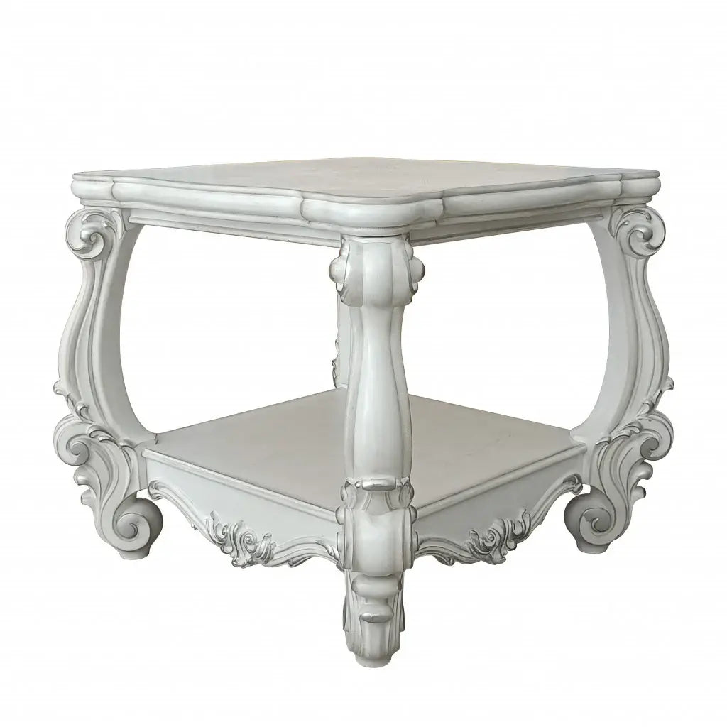 26" Antiqued White Manufactured Wood Square Scroll End Table With Shelf - Homeroots - Flyclothing LLC