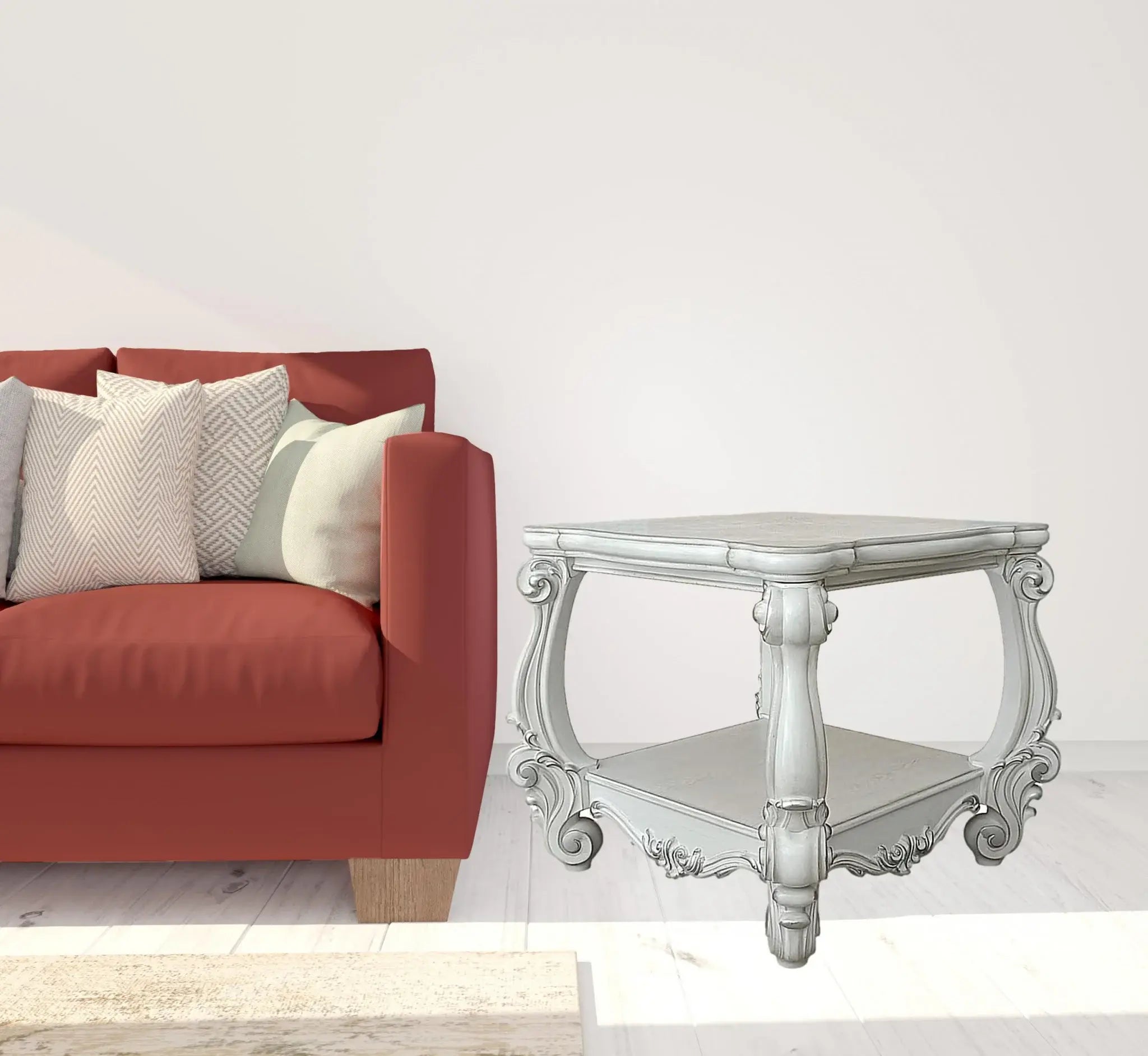 26" Antiqued White Manufactured Wood Square Scroll End Table With Shelf - Homeroots - Flyclothing LLC