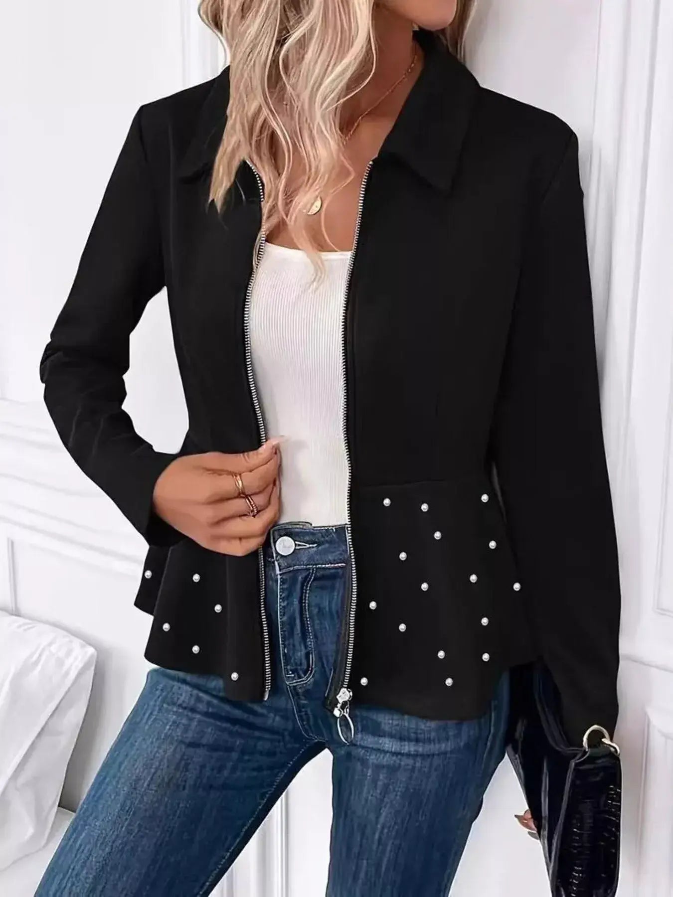 Pearl Embellished Zip-Up Peplum Outerwear - Trendsi - Flyclothing LLC