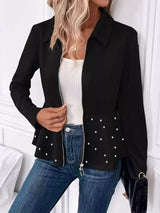 Pearl Embellished Zip-Up Peplum Outerwear - Trendsi - Flyclothing LLC