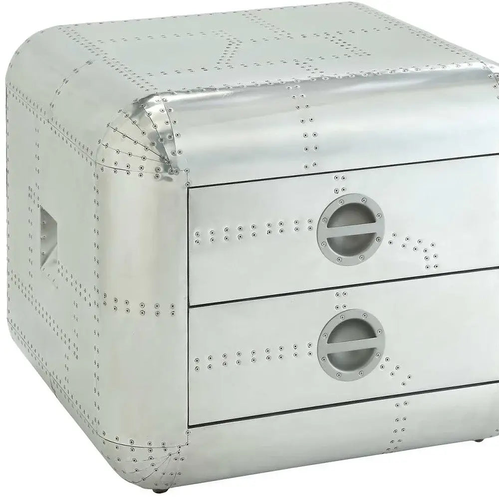 22" Silver Aluminum Aviator Trunk Style Square End Table With Two Drawers - Homeroots - Flyclothing LLC