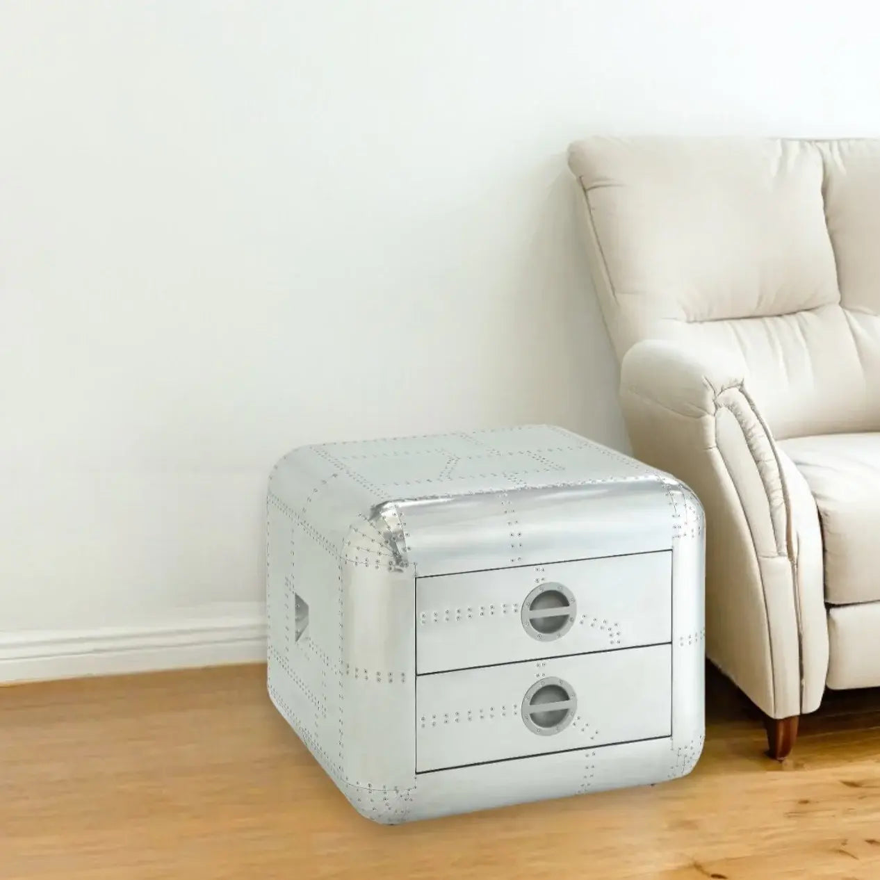 22" Silver Aluminum Aviator Trunk Style Square End Table With Two Drawers - Homeroots - Flyclothing LLC