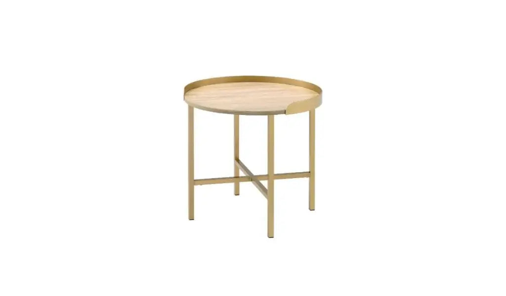 22" Gold And Oak Manufactured Wood And Metal Round End Table - Homeroots - Flyclothing LLC