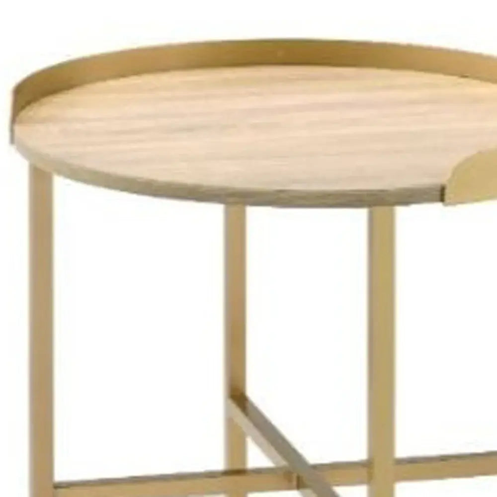 22" Gold And Oak Manufactured Wood And Metal Round End Table - Homeroots - Flyclothing LLC