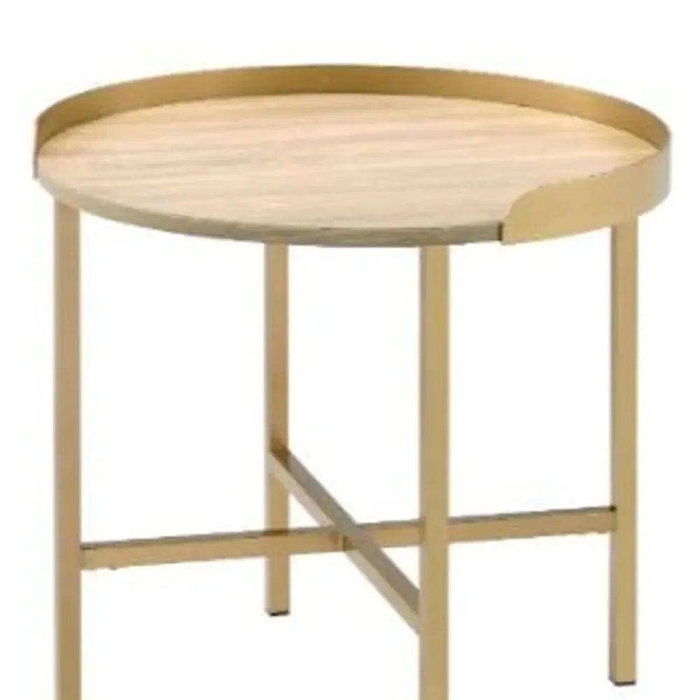 22" Gold And Oak Manufactured Wood And Metal Round End Table - Homeroots - Flyclothing LLC