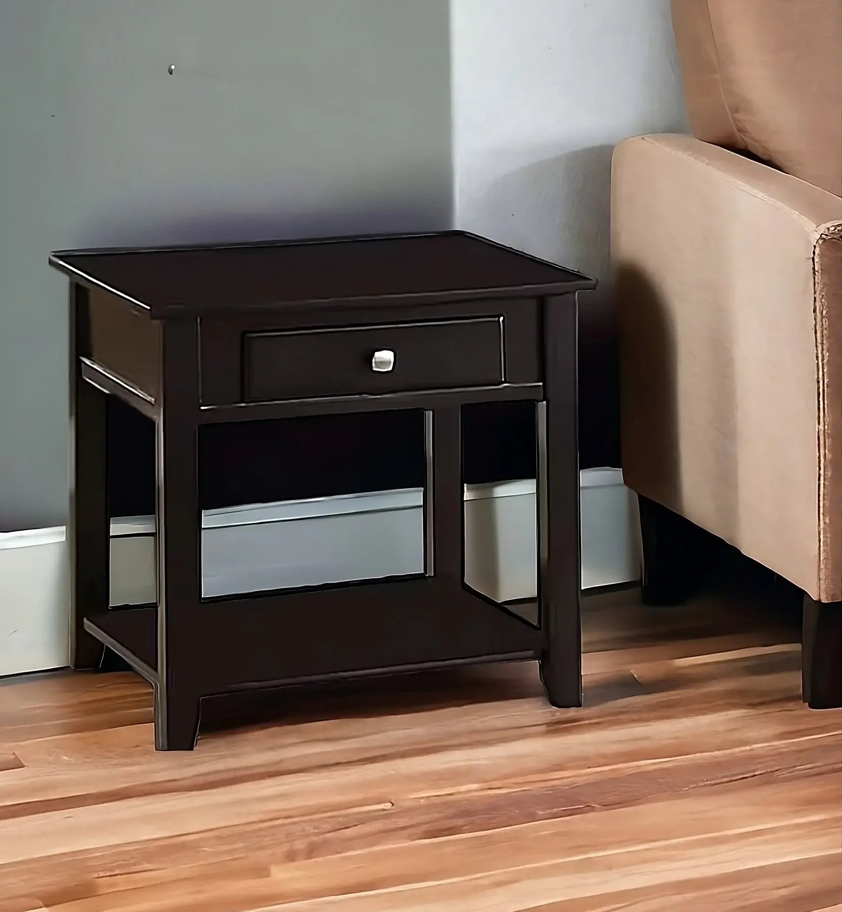 22" Black Manufactured Wood Square End Table With Drawer With Shelf - Homeroots - Flyclothing LLC