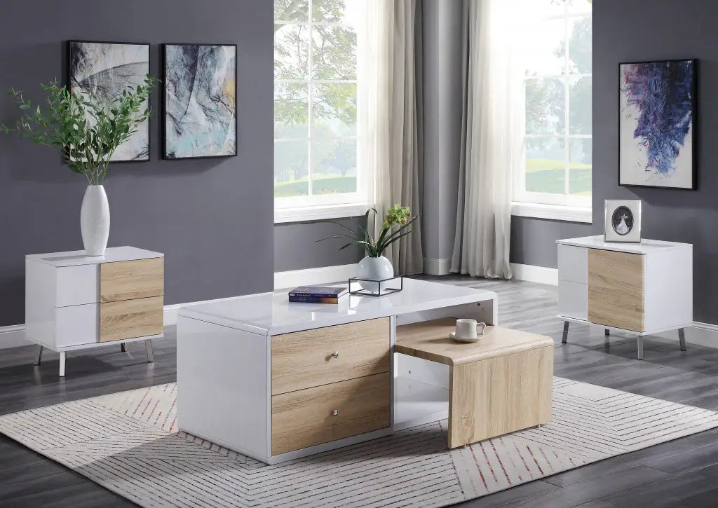 22" White High Gloss Manufactured Wood Rectangular End Table With Two Drawers - Homeroots - Flyclothing LLC