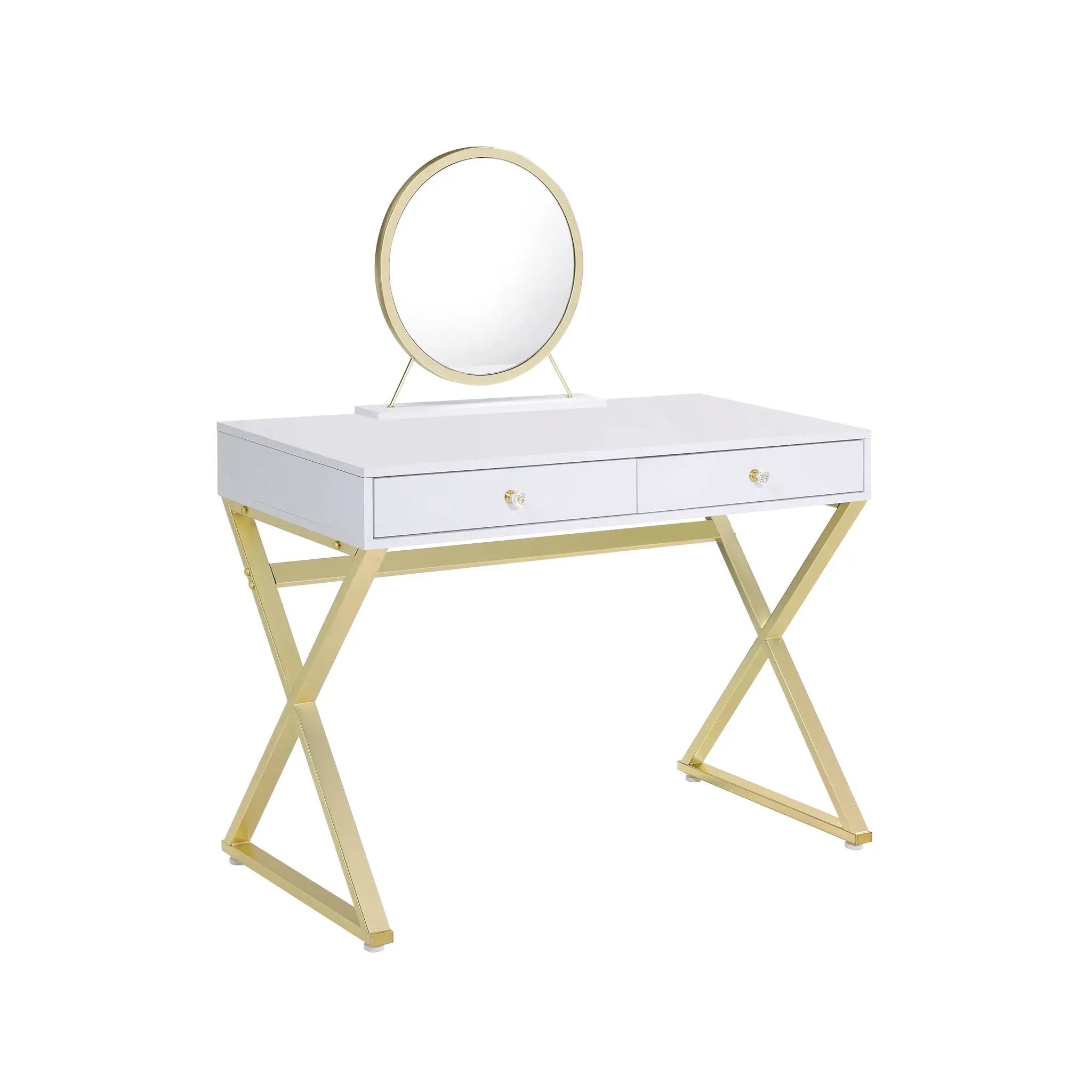 31" White & Gold Finish Round Dresser Mirror - Homeroots - Flyclothing LLC