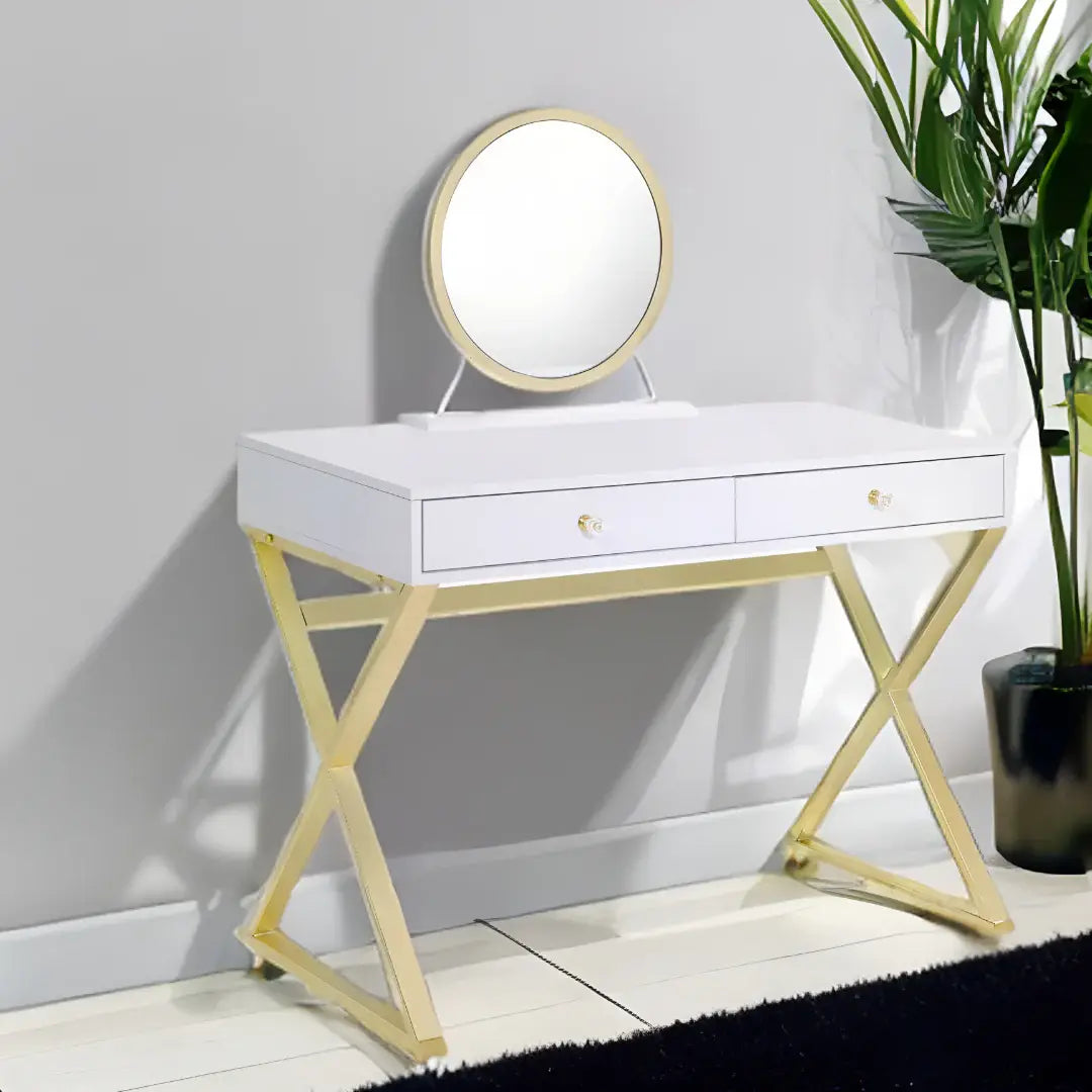 31" White & Gold Finish Round Dresser Mirror - Homeroots - Flyclothing LLC
