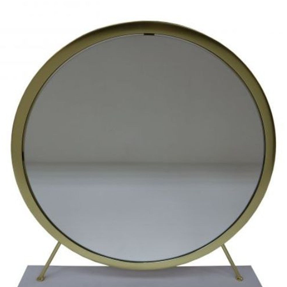 19" Faux Fur, Mirror, White & Brass Finish Round Makeup Shaving Tabletop Mirror - Homeroots - Flyclothing LLC
