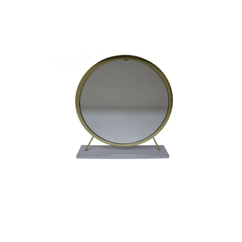 19" Faux Fur, Mirror, White & Brass Finish Round Makeup Shaving Tabletop Mirror - Homeroots - Flyclothing LLC