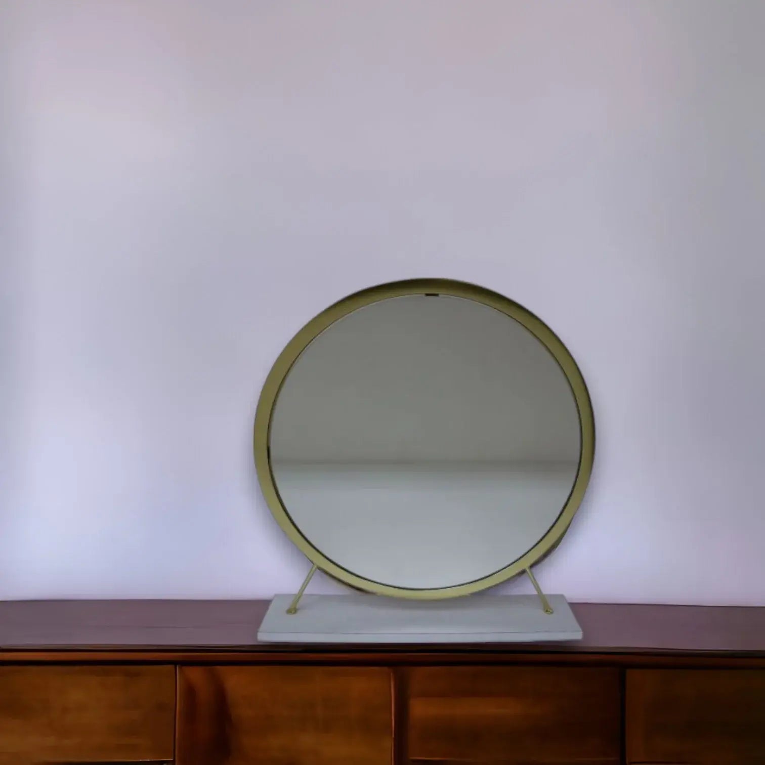 19" Faux Fur, Mirror, White & Brass Finish Round Makeup Shaving Tabletop Mirror - Homeroots - Flyclothing LLC