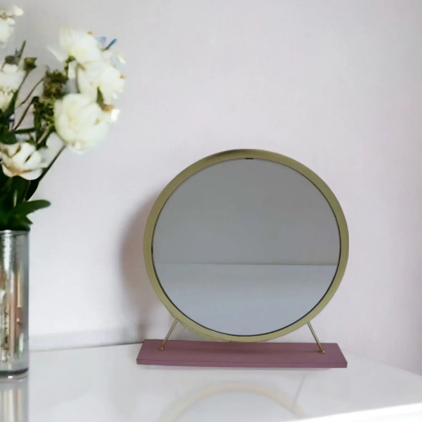 19" Faux Fur, Mirror, Pink & Gold Finish Round Makeup Shaving Tabletop Mirror - Homeroots - Flyclothing LLC