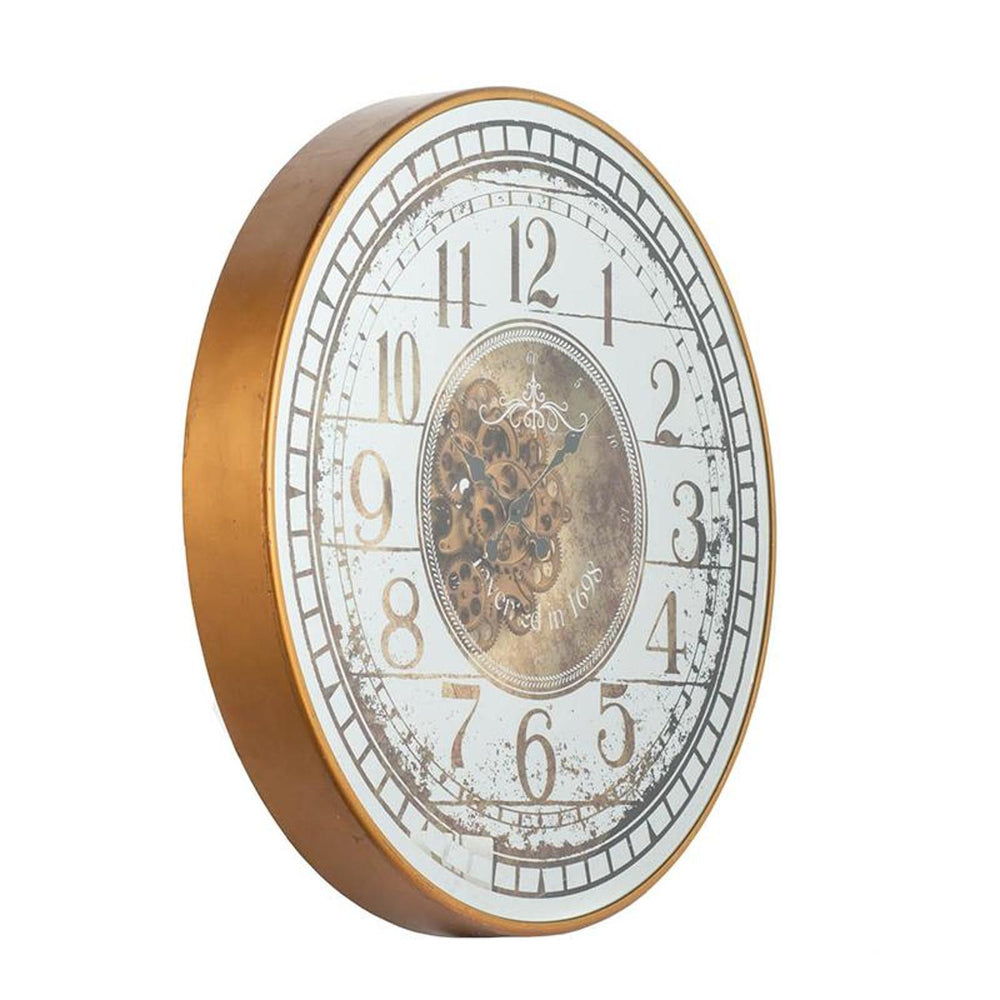 32" Circle Gold and Silver Metal and Mirror Analog Exposed Gear Wall Clock - Homeroots - Flyclothing LLC