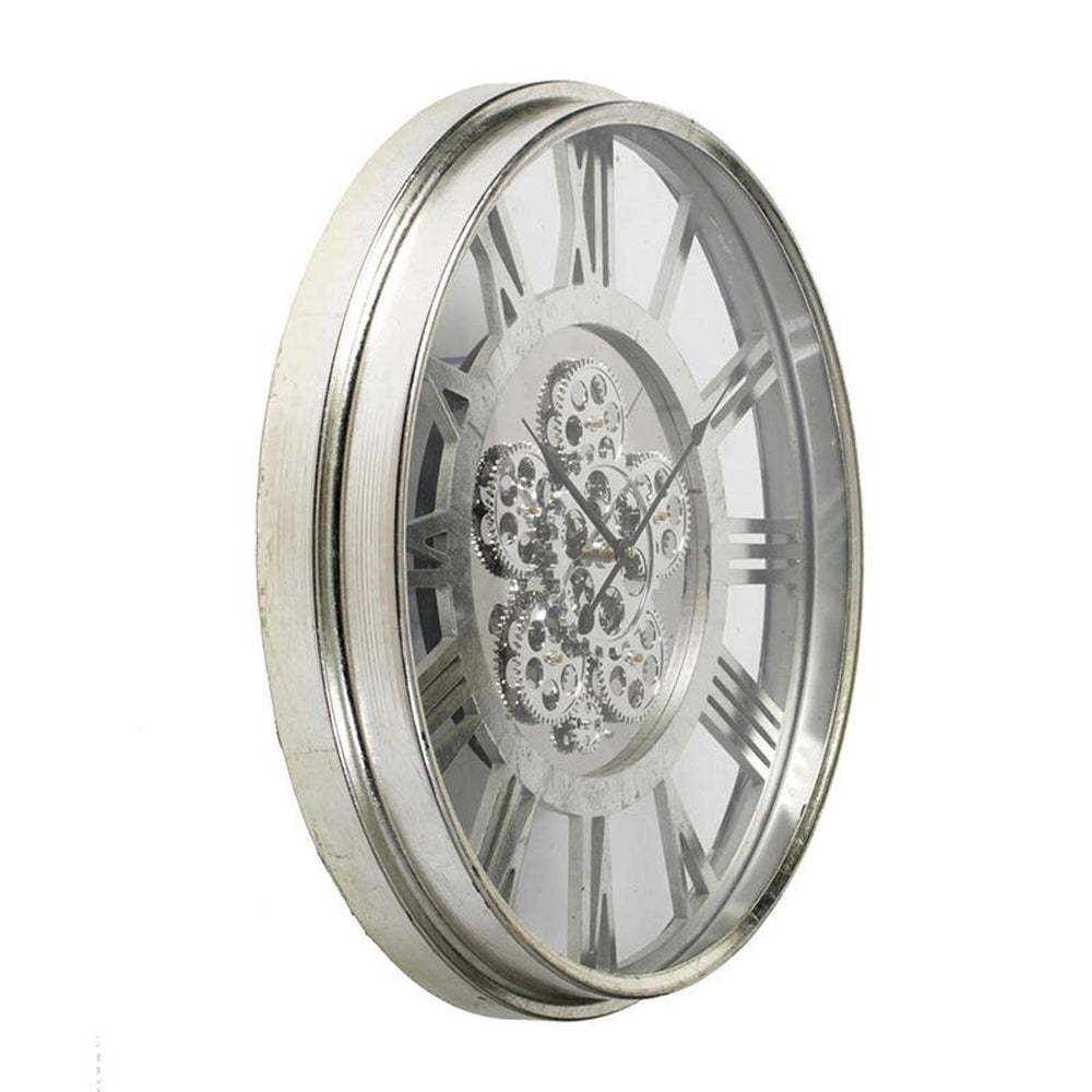 21" Circle Silver Metal and Glass Analog Exposed Gear Wall Clock - Homeroots - Flyclothing LLC
