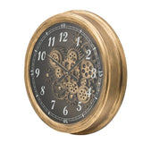 21" Circle Black and Gold Wood and Glass Analog Exposed Gear Wall Clock